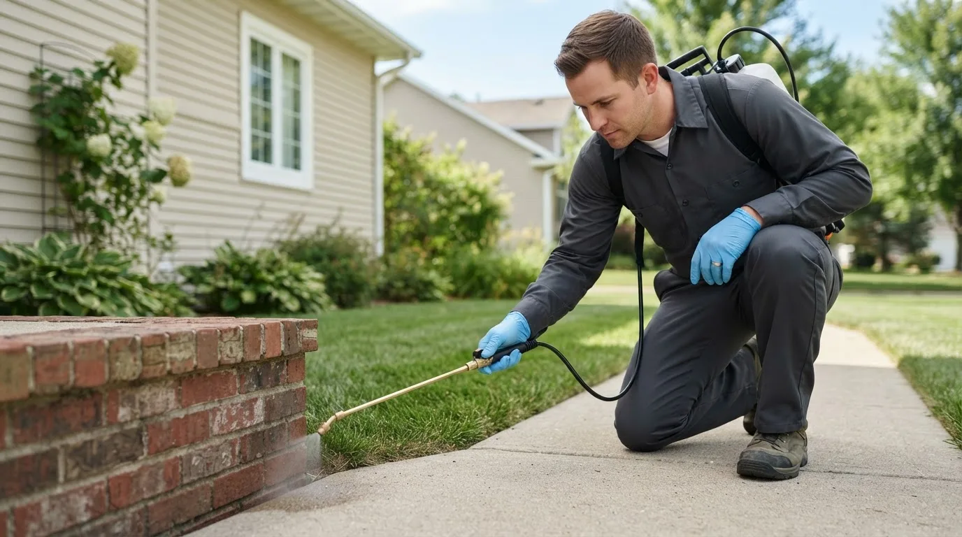 Pest control technician treating a home near Timberville, VA